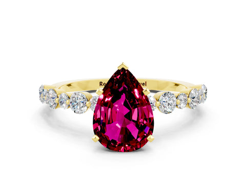 Yellow gold Pear Cut Garnet Prong Set Engagement Ring with Pavé Band