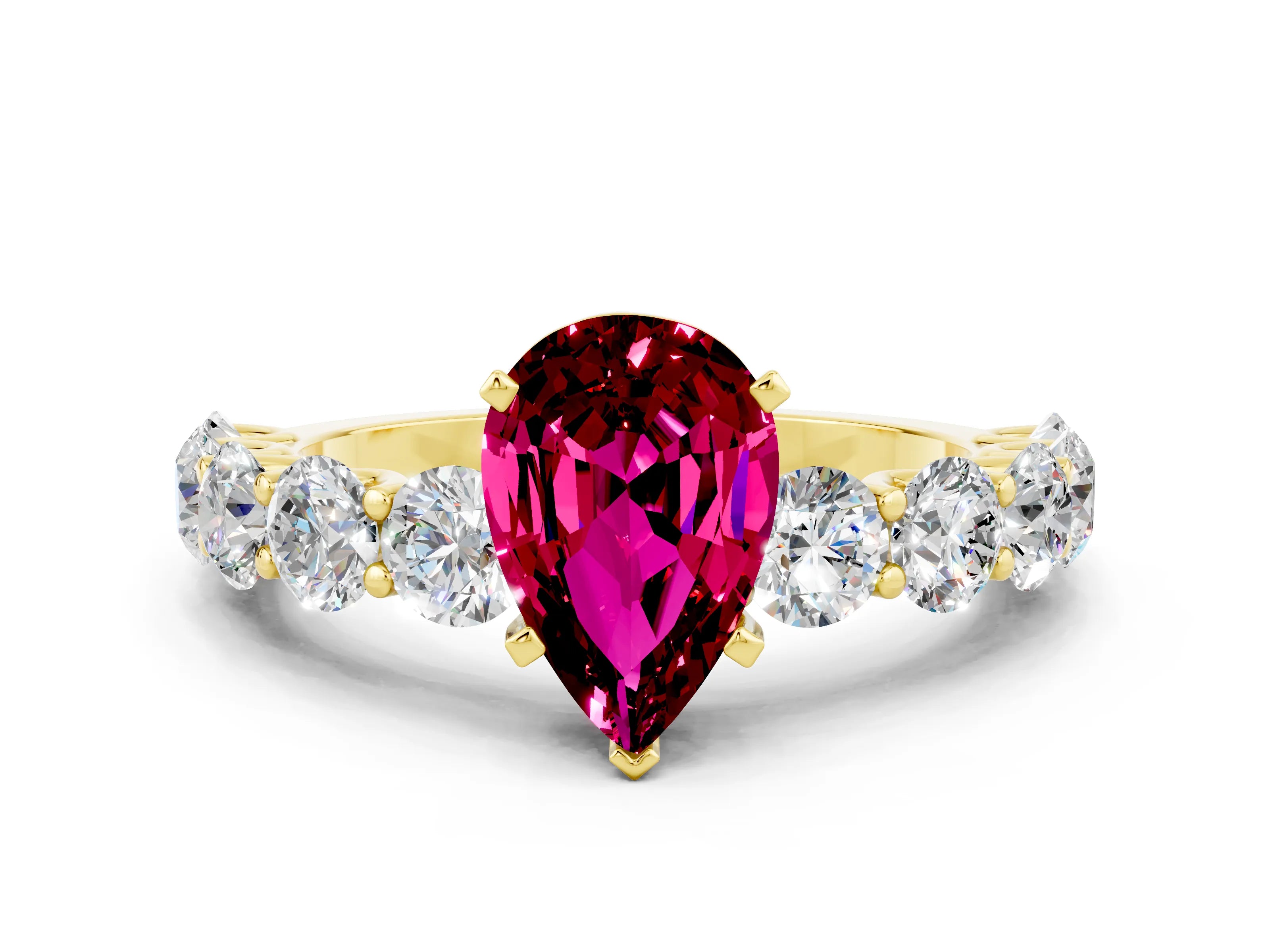 Yellow gold Pear Cut Garnet Prong Setting with Side Stones on a Pave Band