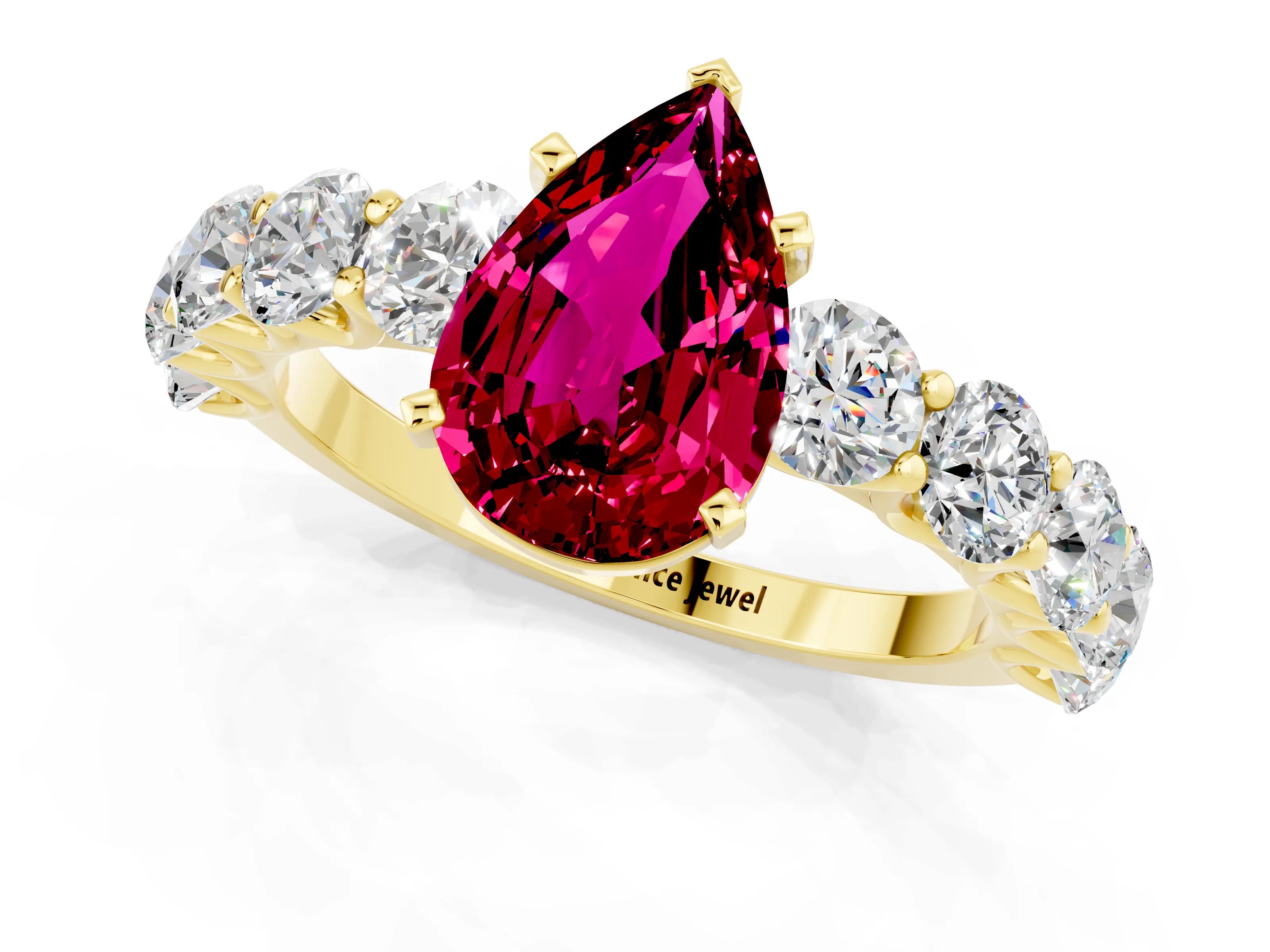 Yellow gold Pear Cut Garnet Prong Setting with Side Stones on a Pave Band_1