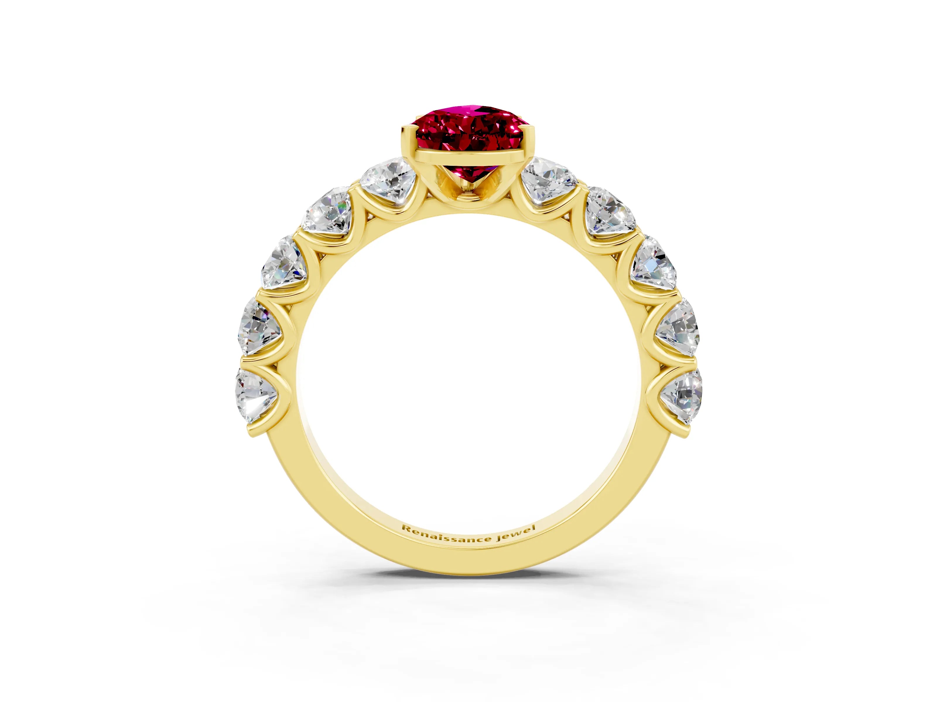 Yellow gold Pear Cut Garnet Prong Setting with Side Stones on a Pave Band_3