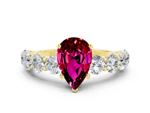 Yellow gold Pear Cut Garnet Prong Setting with Side Stones on a Pave Band