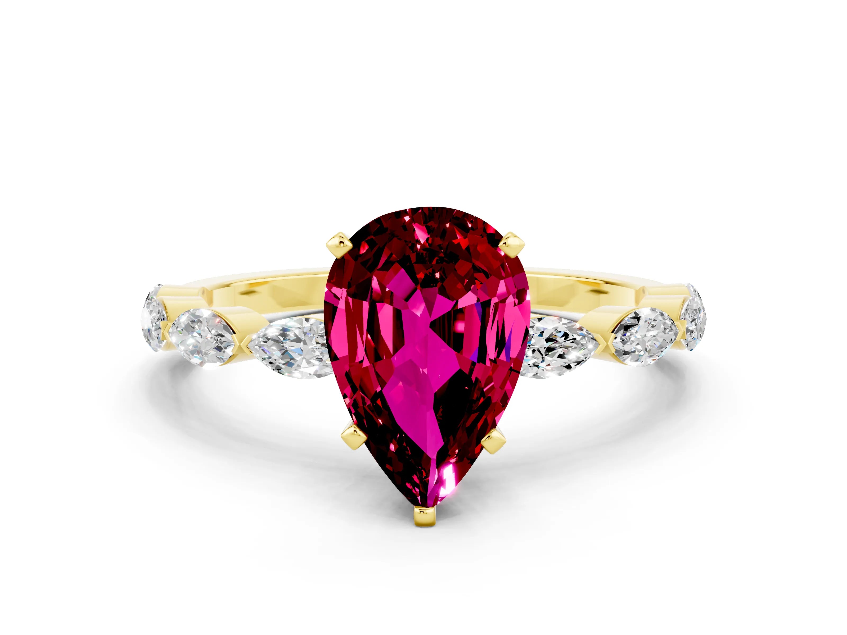 Yellow gold Pear Cut Garnet Ring with Marquise Side Stones and Prong Setting