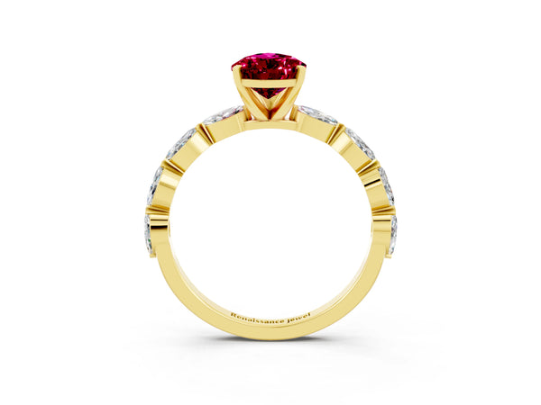 Yellow gold Pear Cut Garnet Ring with Marquise Side Stones and Prong Setting