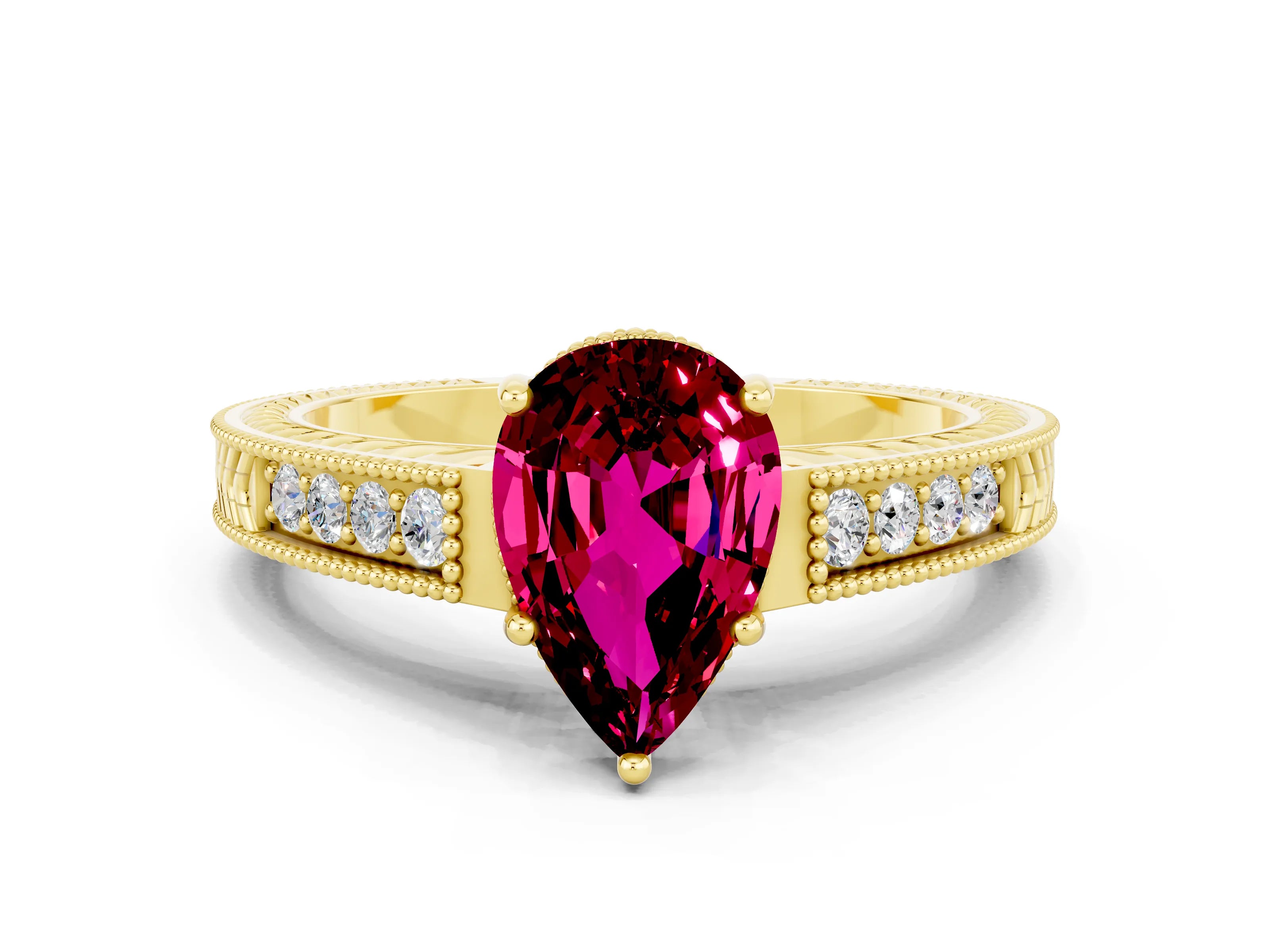 Yellow gold Pear Cut Garnet Ring with Milgrain Pavé Band and Four-Prong Setting_12