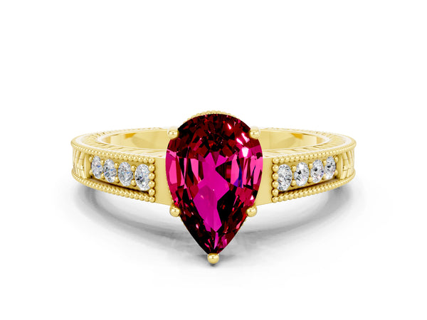 Yellow gold Pear Cut Garnet Ring with Milgrain Pavé Band and Four-Prong Setting