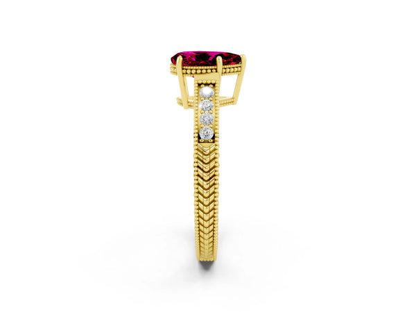Yellow gold Pear Cut Garnet Ring with Milgrain Pavé Band and Four-Prong Setting