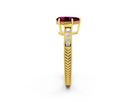 Yellow gold Pear Cut Garnet Ring with Milgrain Pavé Band and Four-Prong Setting_14