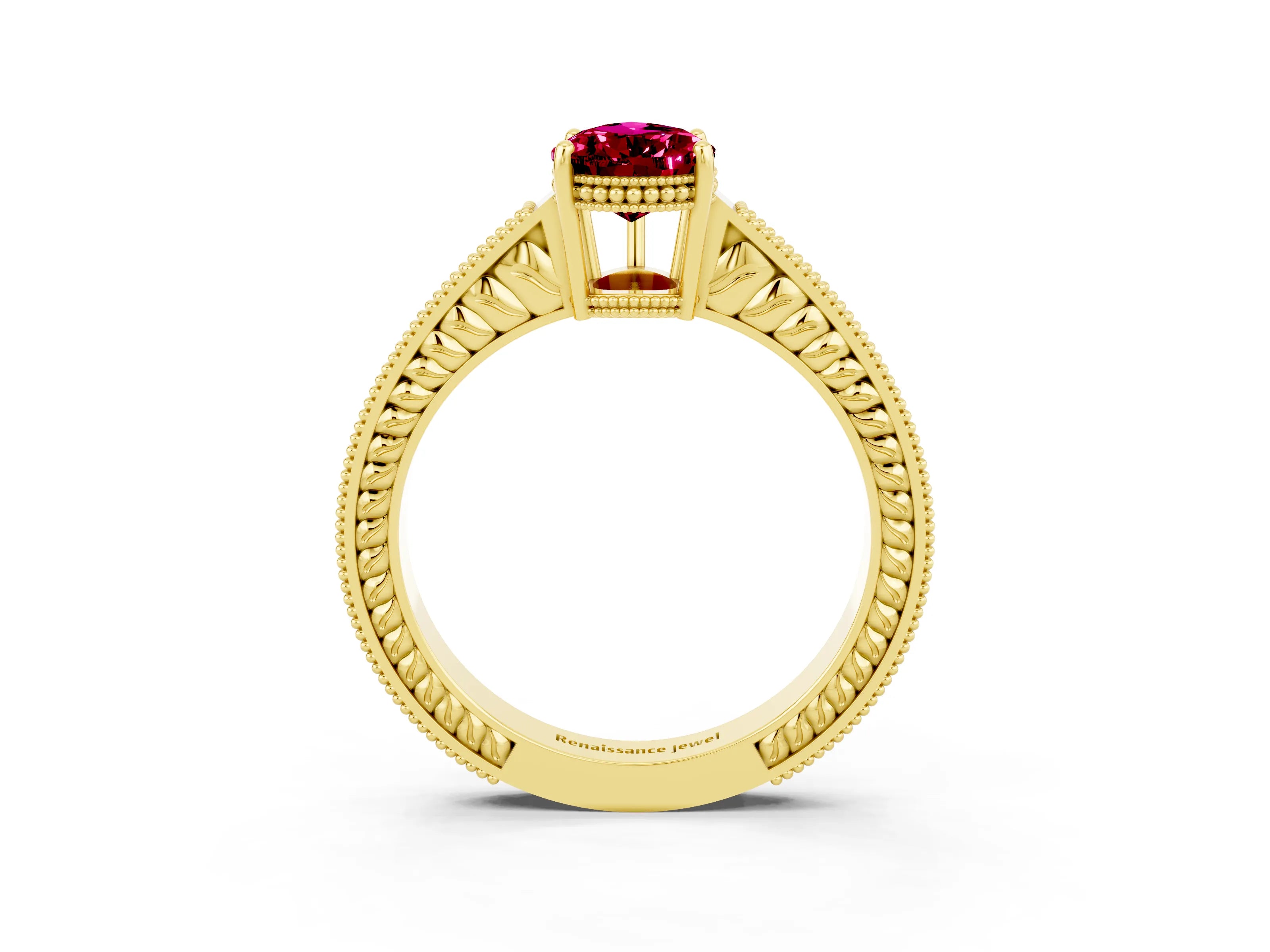Yellow gold Pear Cut Garnet Ring with Milgrain Pavé Band and Four-Prong Setting_15