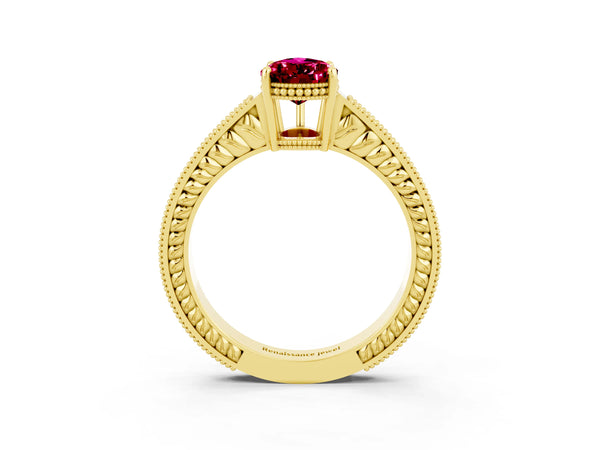 Yellow gold Pear Cut Garnet Ring with Milgrain Pavé Band and Four-Prong Setting