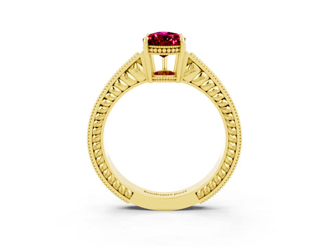 Yellow gold Pear Cut Garnet Ring with Milgrain Pavé Band and Four-Prong Setting_15