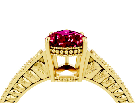 Yellow gold Pear Cut Garnet Ring with Milgrain Pavé Band and Four-Prong Setting_16