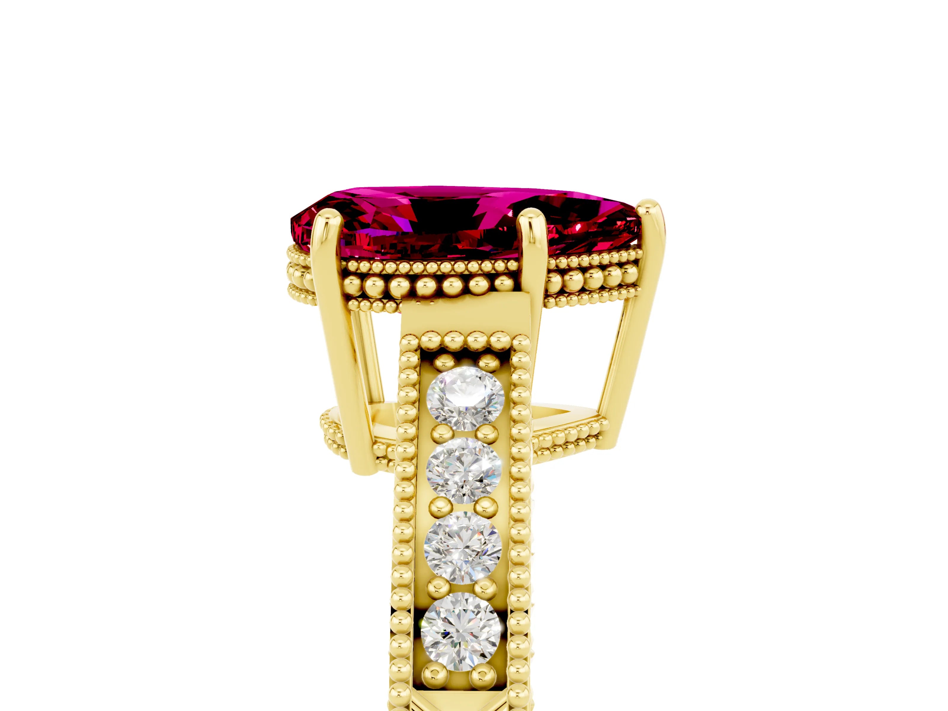 Yellow gold Pear Cut Garnet Ring with Milgrain Pavé Band and Four-Prong Setting_17