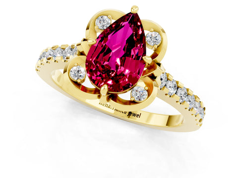 Yellow gold Pear Cut Garnet Ring with Pavé Band and Floral Prong Setting_1