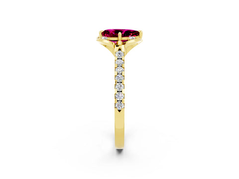 Yellow gold Pear Cut Garnet Ring with Pavé Band and Floral Prong Setting_2