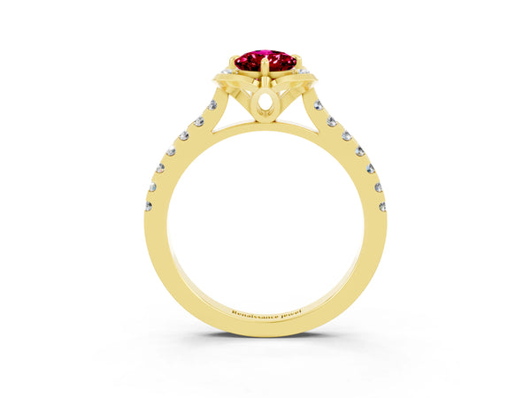 Yellow gold Pear Cut Garnet Ring with Pavé Band and Floral Prong Setting