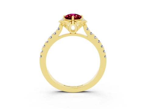 Yellow gold Pear Cut Garnet Ring with Pavé Band and Floral Prong Setting_3