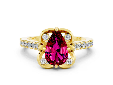 Yellow gold Pear Cut Garnet Ring with Pavé Band and Floral Prong Setting