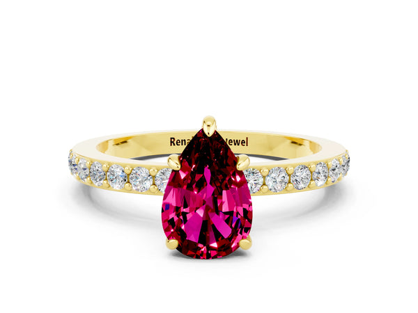 Yellow gold Pear Cut Garnet Pavé Engagement Ring with Round  Accents and Prong Setting