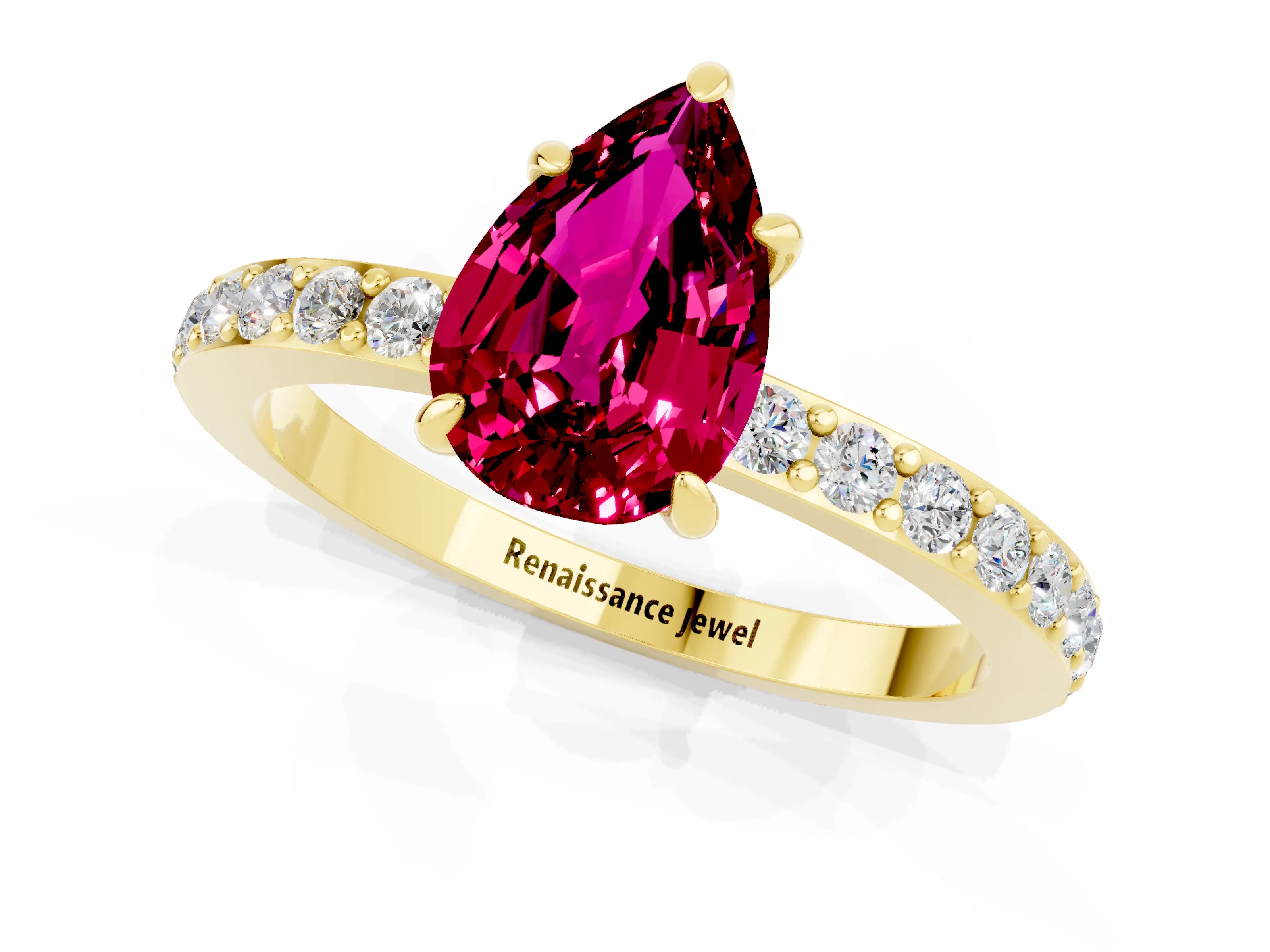 Yellow gold Pear Cut Garnet Ring with Pavé Band and Four-Prong Setting_1
