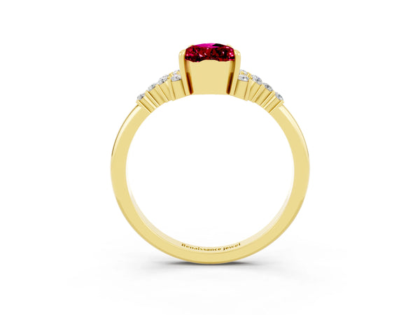 Yellow gold Pear Cut Garnet Ring with Side Stones and Four-Prong Setting