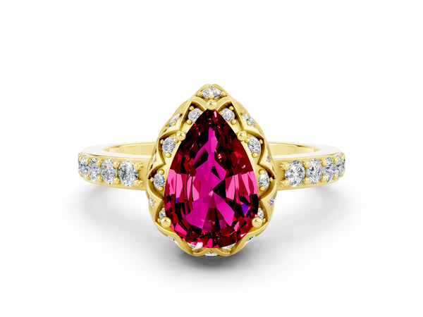 Yellow gold Pear Cut Garnet Scalloped Halo Engagement Ring with Round Shared Prong Band