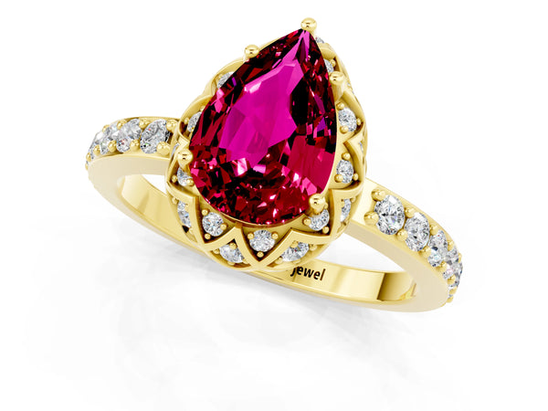Yellow gold Pear Cut Garnet Scalloped Halo Engagement Ring with Round Shared Prong Band
