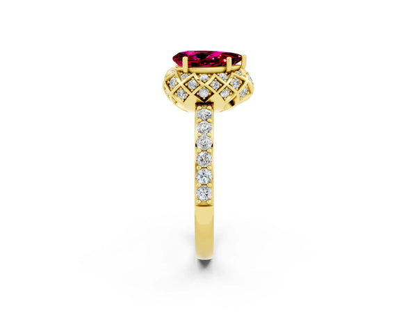 Yellow gold Pear Cut Garnet Scalloped Halo Engagement Ring with Round Shared Prong Band
