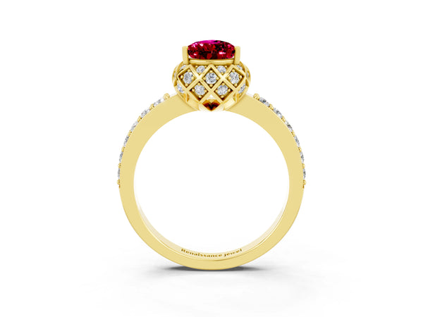 Yellow gold Pear Cut Garnet Scalloped Halo Engagement Ring with Round Shared Prong Band