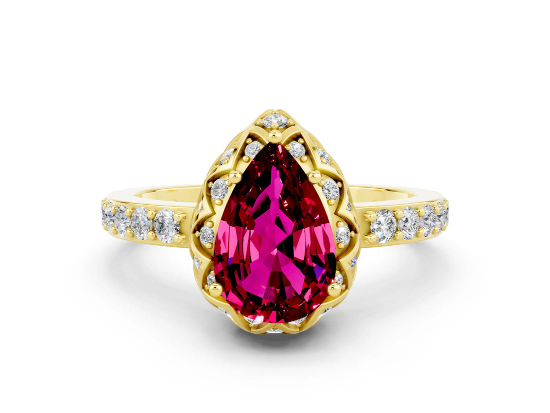 Yellow gold Pear Cut Garnet Scalloped Halo Engagement Ring with Round Shared Prong Band_24