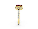 Yellow gold Pear Cut Garnet Scalloped Halo Engagement Ring with Round Shared Prong Band_26