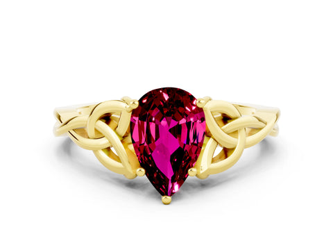 Yellow gold Pear Cut Garnet Solitaire Celtic Knot Ring with Four-Prong Setting_12