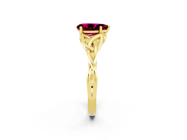 Yellow gold Pear Cut Garnet Solitaire Celtic Knot Ring with Four-Prong Setting