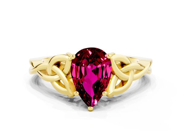 Yellow gold Pear Cut Garnet Solitaire Engagement Ring with Celtic Knot Band and Four-Prong Setting