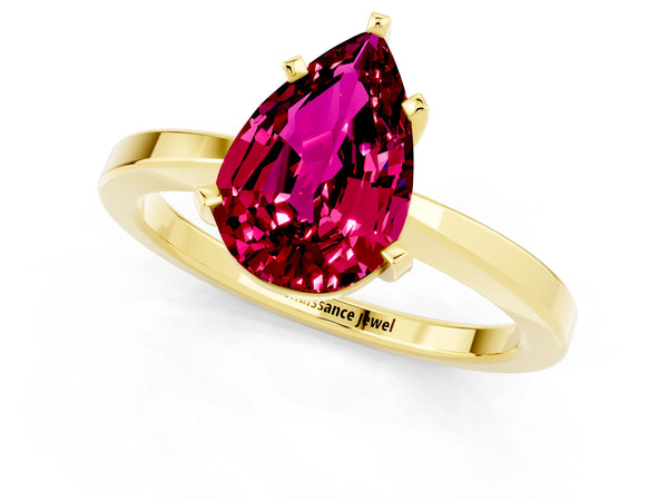 Yellow gold Pear Cut Garnet Solitaire Engagement Ring with Classic Band and Four-Prong Setting