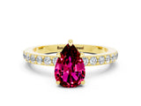 Yellow gold Pear Cut Garnet Solitaire Engagement Ring with Pavé Band and Four-Prong Setting