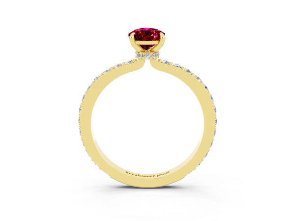 Yellow gold Pear Cut Garnet Solitaire Engagement Ring with Pavé Band and Four-Prong Setting
