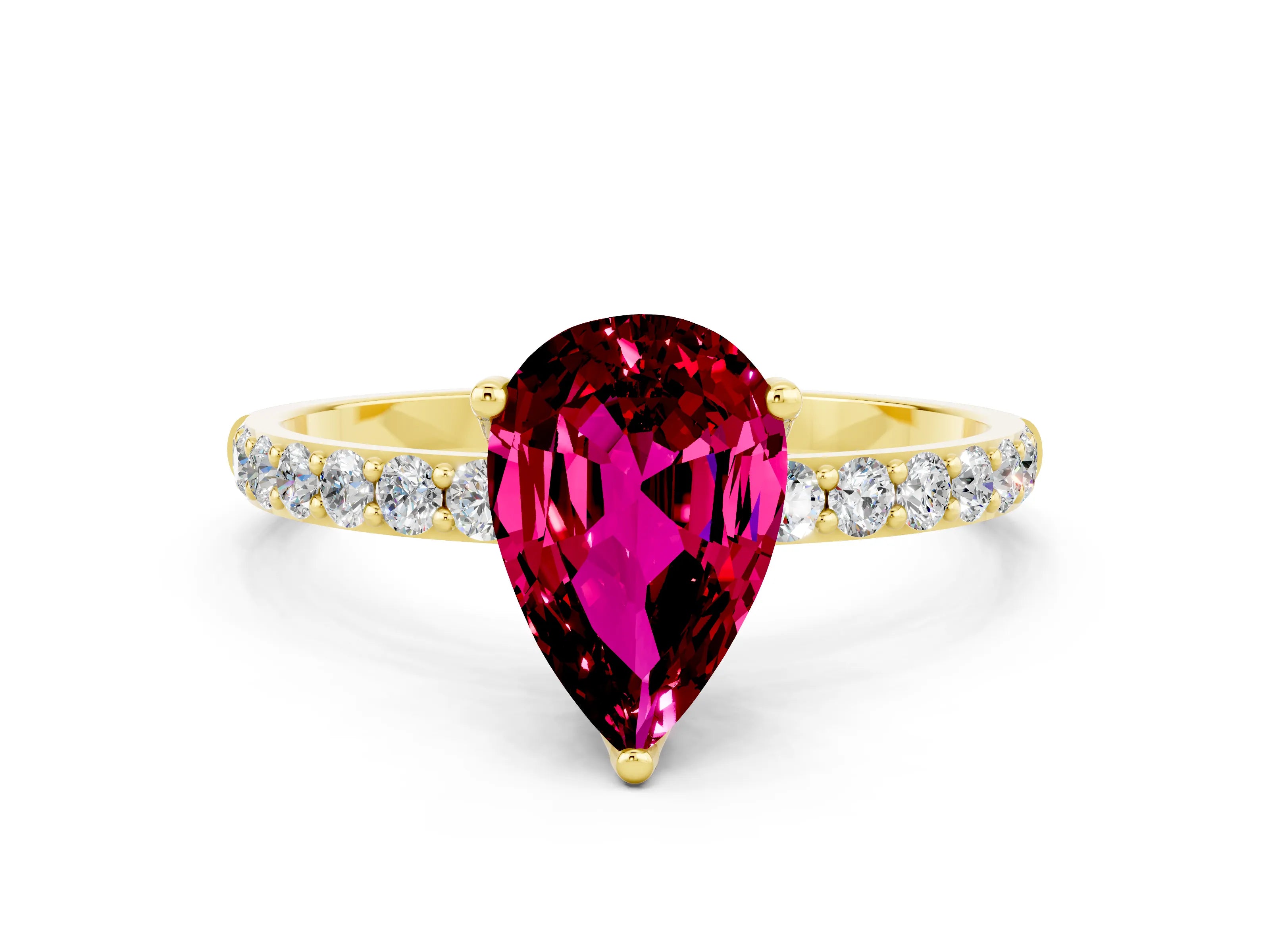Yellow gold Pear Cut Garnet Solitaire Engagement Ring with Pavé Band and Prong Setting