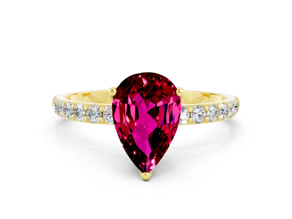 Yellow gold Pear Cut Garnet Solitaire Engagement Ring with Round  Pavé Band and Prong Setting