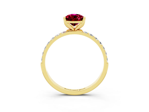 Yellow gold Pear Cut Garnet Solitaire Engagement Ring with Round  Pavé Band and Prong Setting