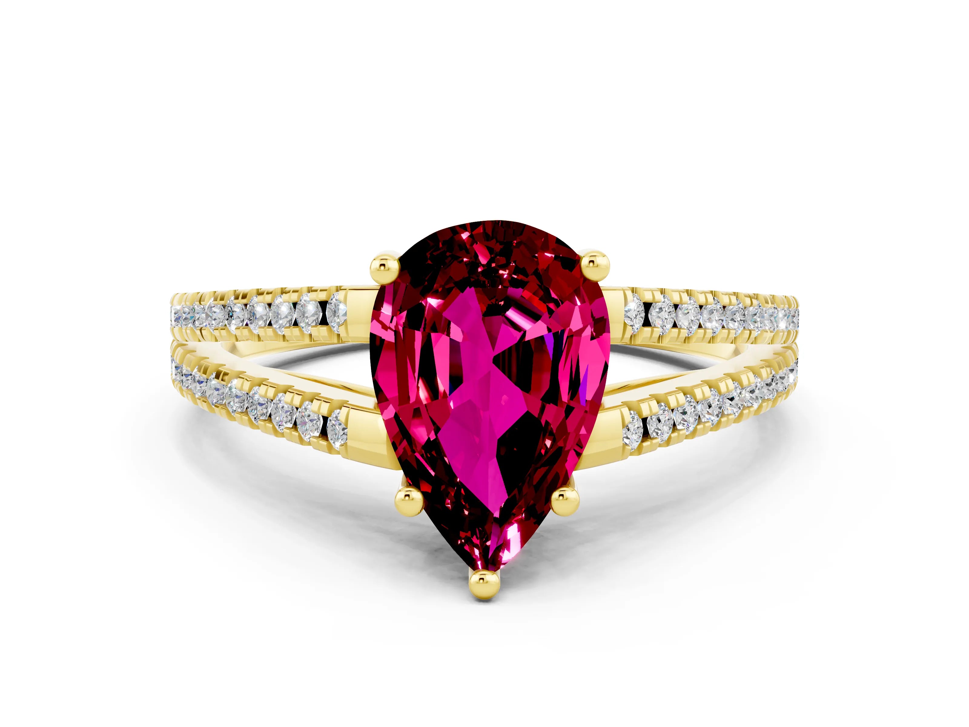 Yellow gold Pear Cut Garnet Solitaire Engagement Ring with Split Shank Pavé Band