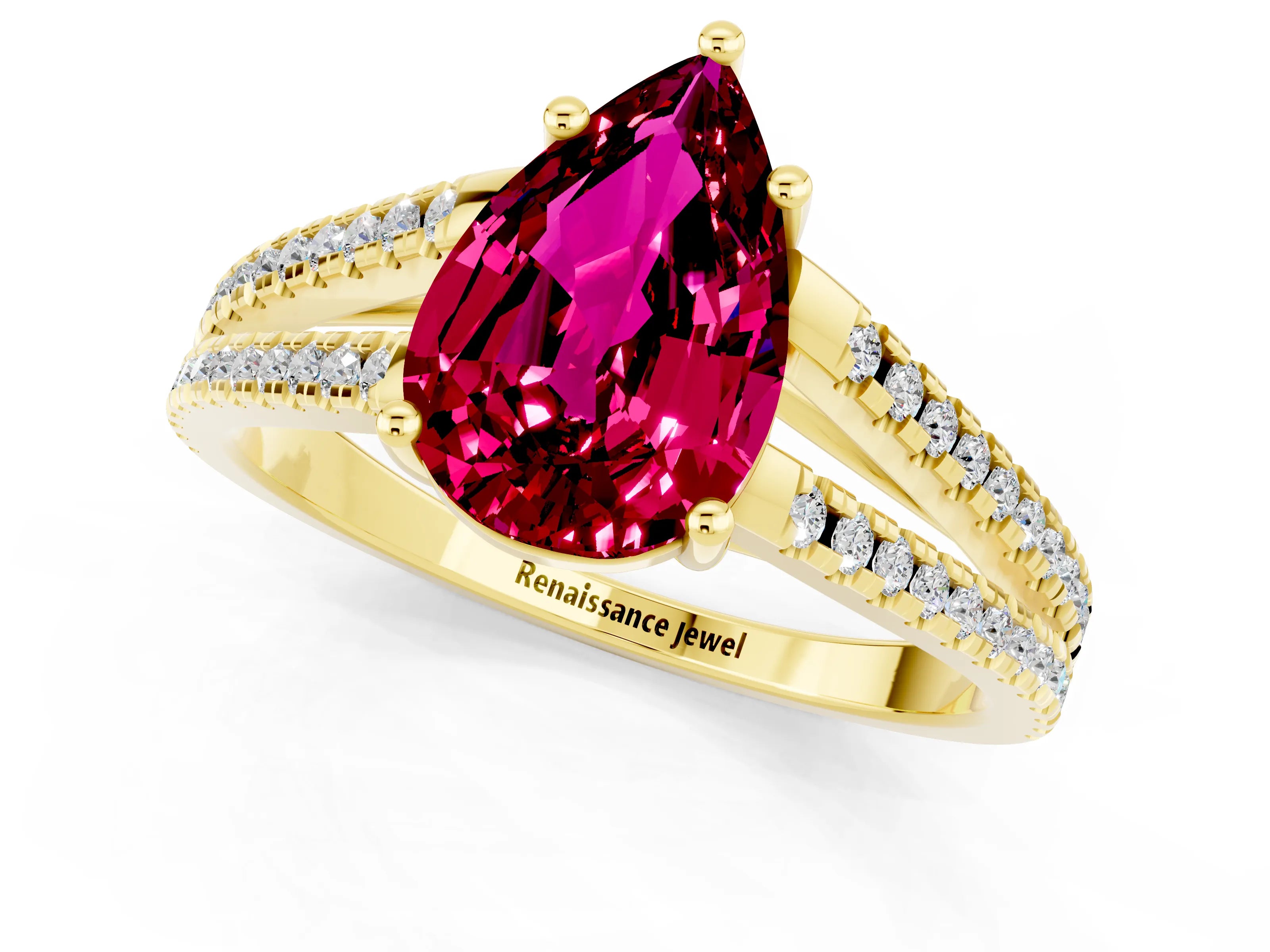 Yellow gold Pear Cut Garnet Solitaire Engagement Ring with Split Shank Pavé Band_1
