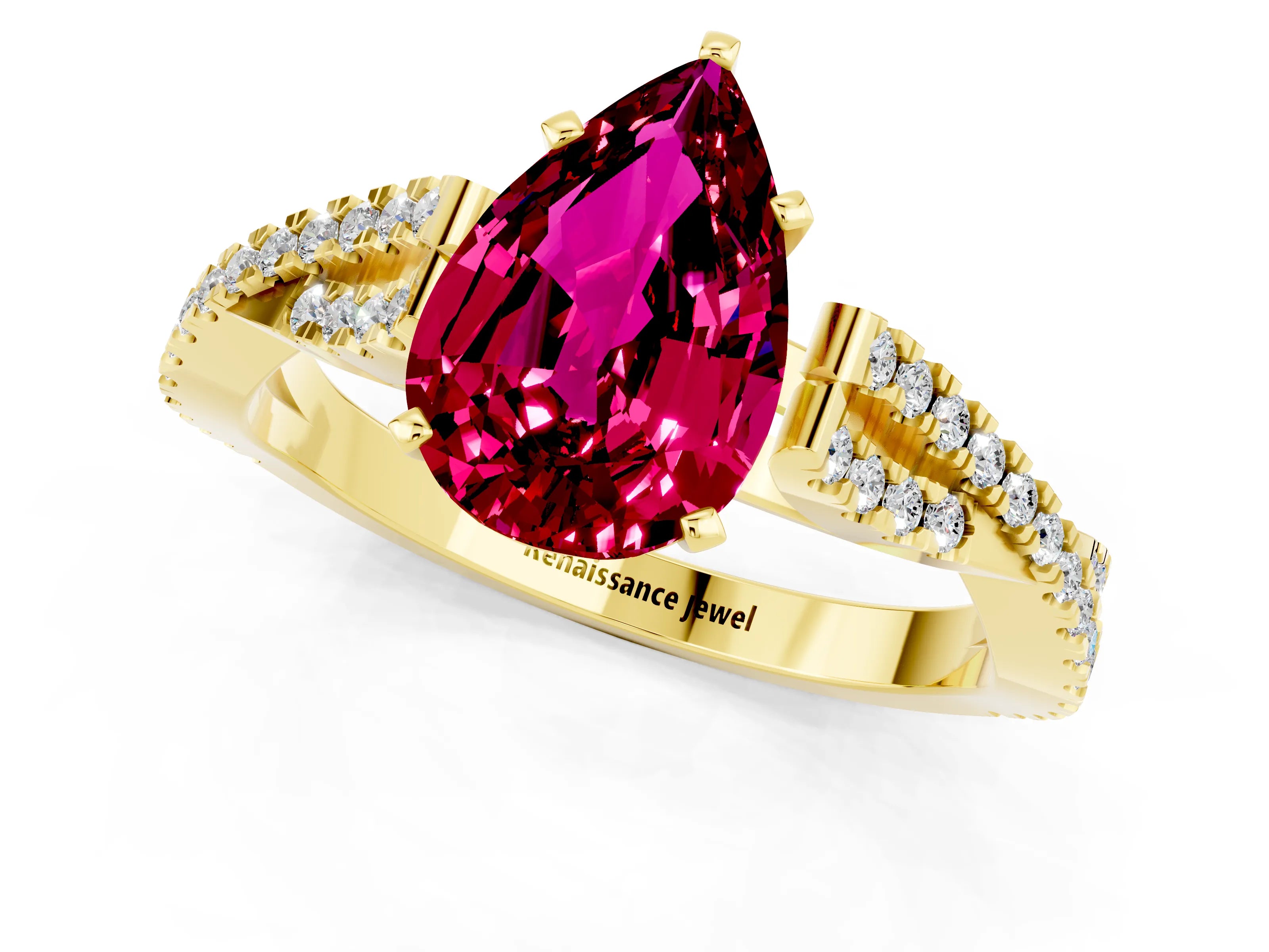 Yellow gold Pear Cut Garnet Solitaire Engagement Ring with Twisted Pavé Band and Four-Prong Setting_1