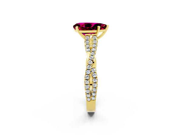 Yellow gold Pear Cut Garnet Solitaire Engagement Ring with Twisted Pavé Band and Four-Prong Setting