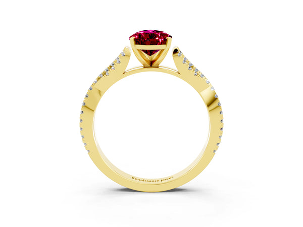 Yellow gold Pear Cut Garnet Solitaire Engagement Ring with Twisted Pavé Band and Four-Prong Setting