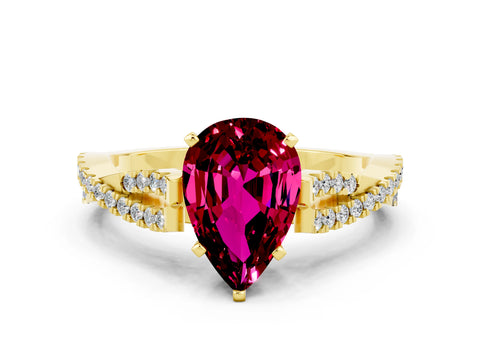 Yellow gold Pear Cut Garnet Solitaire Engagement Ring with Twisted Pavé Band and Four-Prong Setting