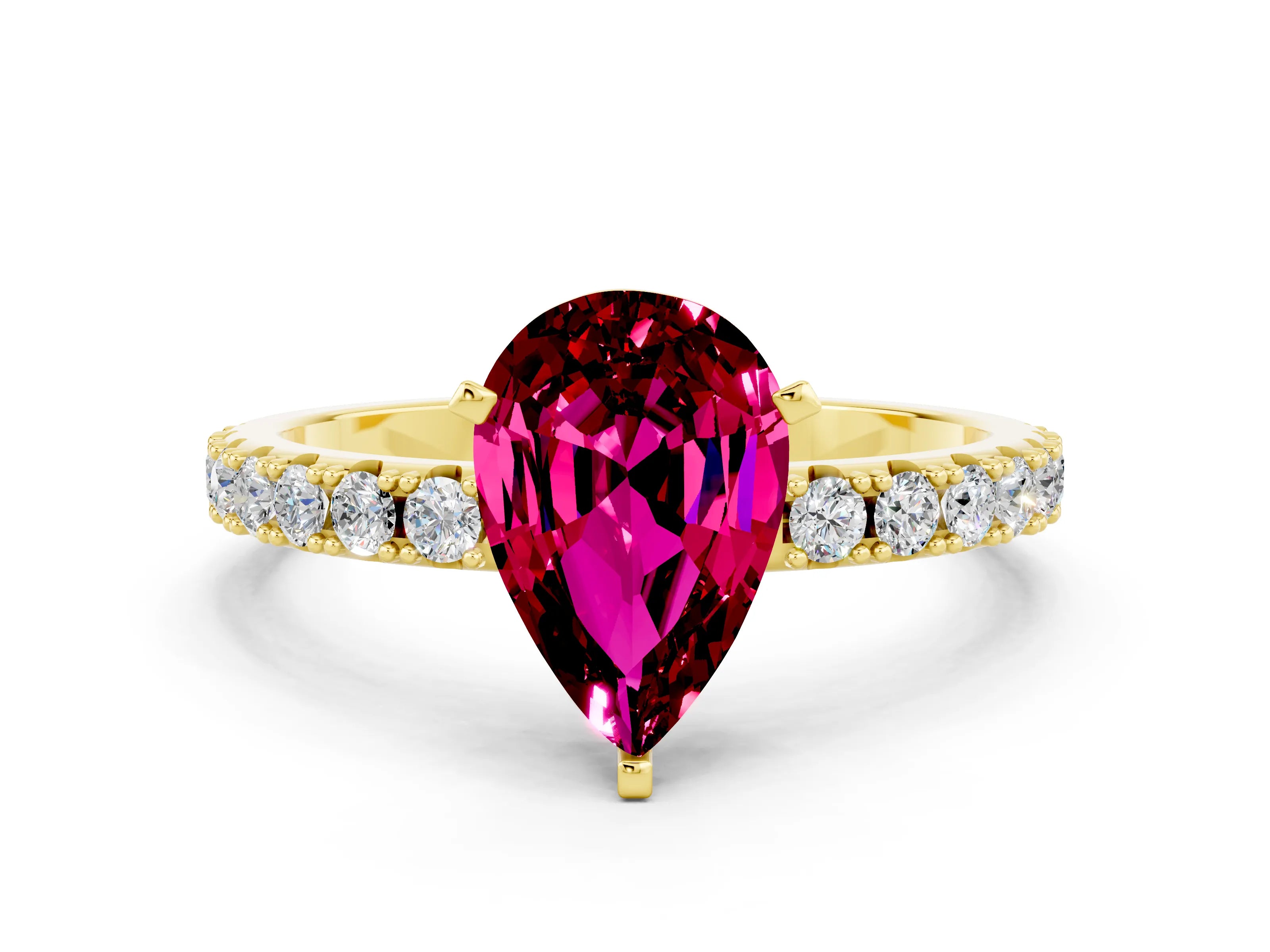 Yellow gold Pear Cut Garnet Solitaire Pavé Band with Four-Prong Setting