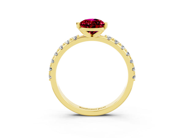 Yellow gold Pear Cut Garnet Solitaire Pavé Band with Four-Prong Setting