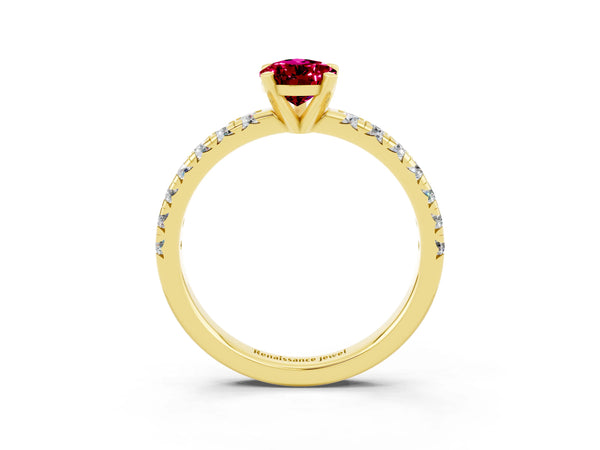 Yellow gold Pear Cut Garnet Solitaire Pavé Engagement Ring with Round Band and Prong Setting