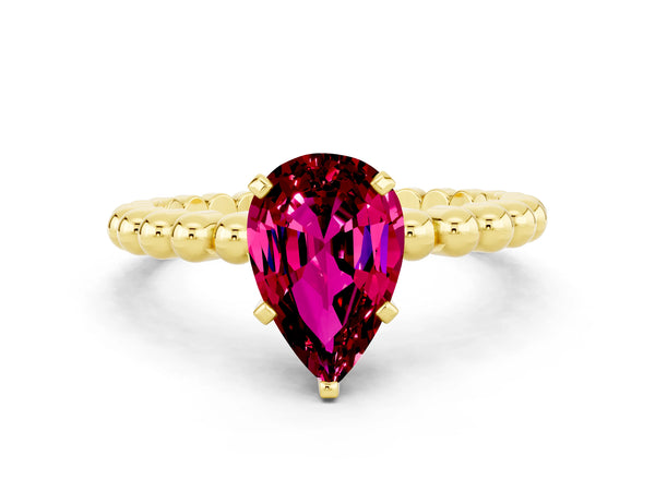 Yellow gold Pear Cut Garnet Solitaire Ring with Beaded Band and Prong Setting