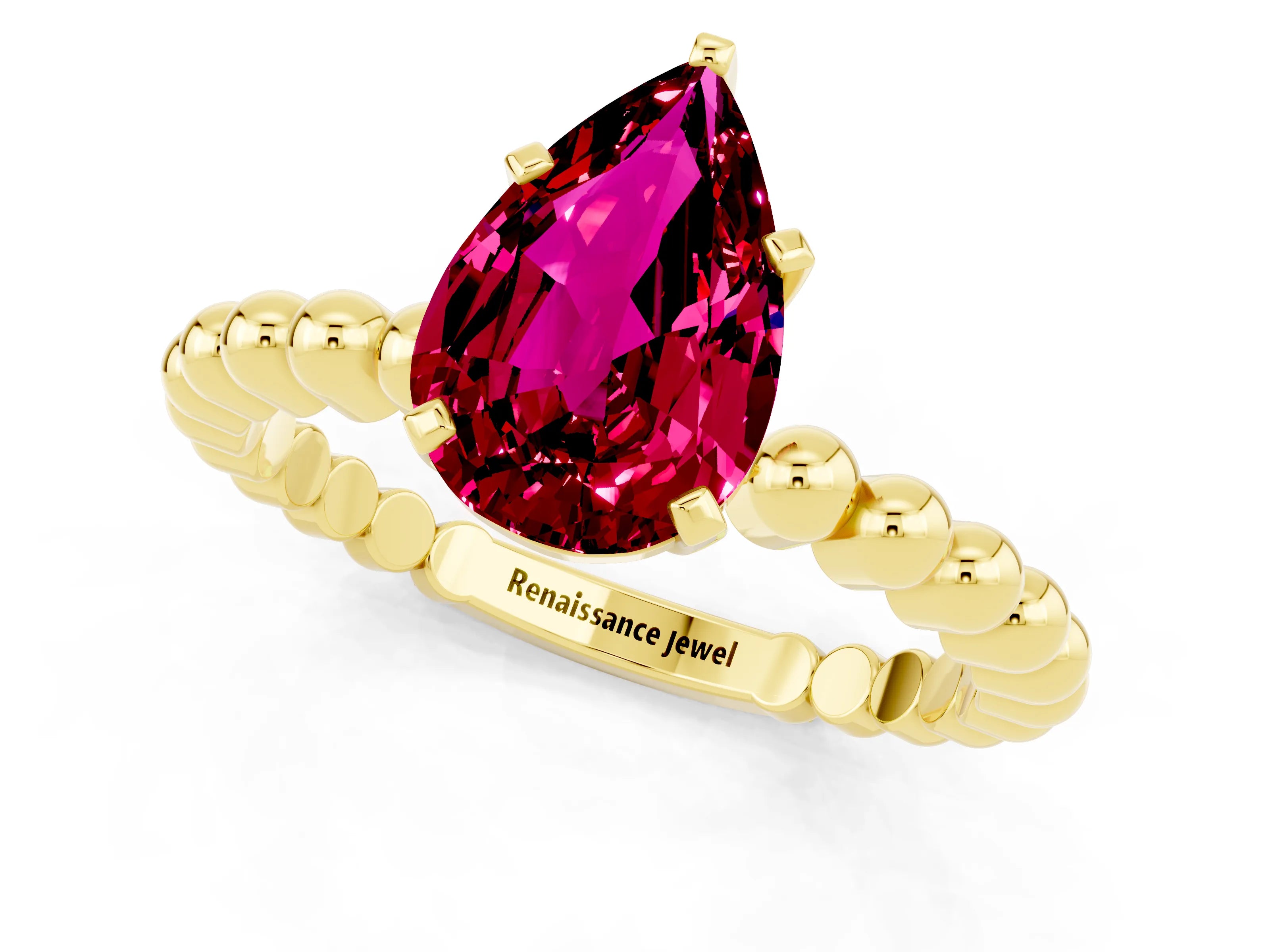 Yellow gold Pear Cut Garnet Solitaire Ring with Beaded Band and Prong Setting_1